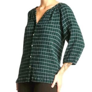 J Jill Blouse Green Plaid Button Front Relaxed Fit 3/4 Sleeve Top Womens Small